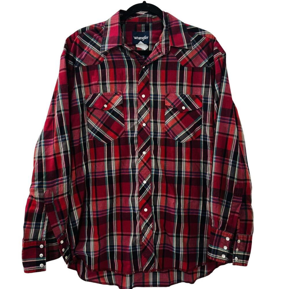 Wrangler Red Plaid Western Pearl Snap Mens Shirt L Cowboy Classic